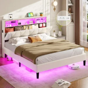 Bed Frame with Led Lights and Storage Headboard, LED Bed Frame with Charging Station, Velvet Upholstered Platform Bed Frame